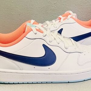 NWT Nike Court Borough Low 2 shoes. White/Flourescent Orange/Bright PEACH/Purple